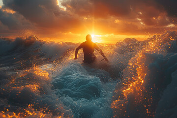 A surfer riding the waves with fluid grace and fearless determination, at one with the ocean's rhythm. Concept of surfing as a lifestyle and spiritual connection to nature. Generative Ai. - obrazy, fototapety, plakaty