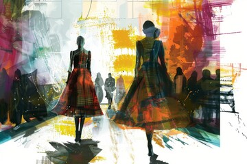 illustration of a female models walking in a fashion show catwalk wearing elegant dress