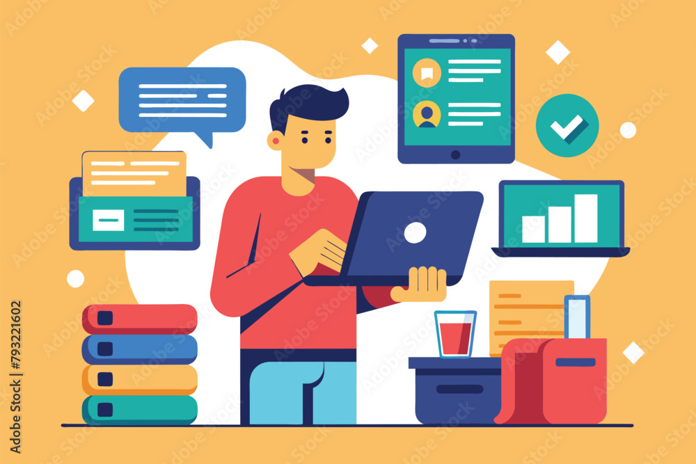 Poster a man standing in front of a laptop computer, possibly uploading data, man uploads data, simple and 