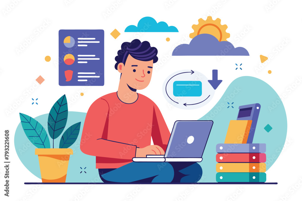 Poster a man sitting on a stack of books while using his laptop for work or study, man transferring data us