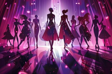 illustration of a female models walking in a fashion show catwalk wearing elegant dress