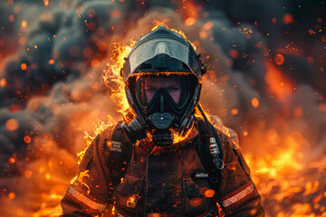 A firefighter braving flames to save lives and property, embodying courage and selflessness in the face of danger. Concept of heroism and public service. Generative Ai.