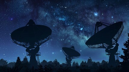 Silhouettes of satellite dishes or radio antennas against the night sky, depicting a space observatory. - obrazy, fototapety, plakaty