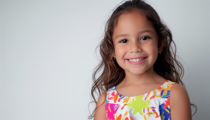 Create an artistic interpretation of a smiling Hispanic young girl posing in a studio shot.