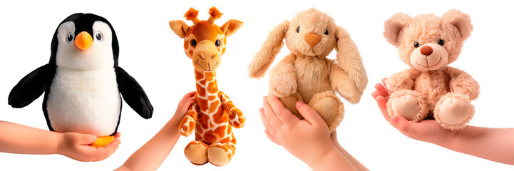 A set of different plushes in the hands of a children isolated on a white or transparent background. Close-up of an giraffe, penguin, bunny and bear in the hands. Graphic element of a plush giraffe.