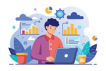 A man sits in front of a laptop with a big data cloud analysis software open, deep in concentration, man with big data cloud analysis laptop, Simple and minimalist flat Vector Illustration