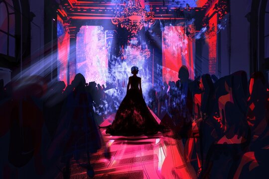 illustration of a female models walking in a fashion show catwalk wearing elegant dress