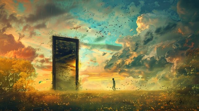 Surreal conceptual artwork illustrating the idea of nature, freedom, dreams, and success, featuring a man finding happiness amidst a landscape within a door.