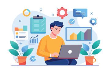 Fototapeta premium A man sitting in front of a laptop computer, analyzing errors displayed on the screen, man with laptop analyzing errors on laptop, Simple and minimalist flat Vector Illustration