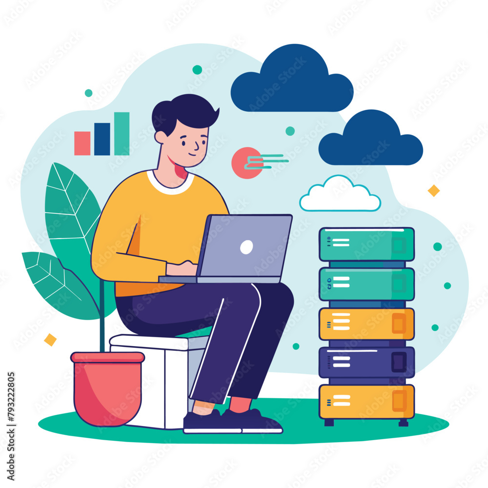 Poster man working on laptop while sitting on stack of books, man with laptop managing cloud data database 