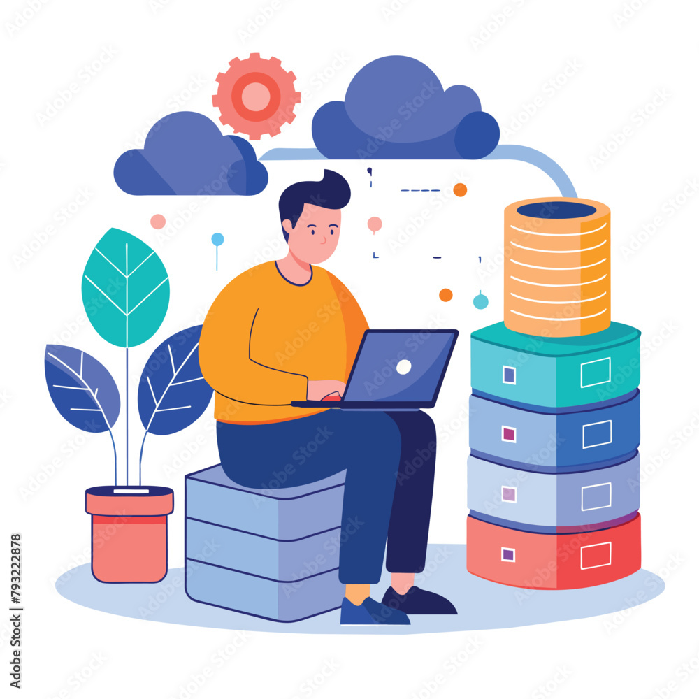 Poster a man sits on a stack of books, typing on a laptop screen, managing cloud data database folder, man 