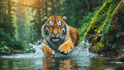 Amur Tiger Playing in The Water, Siberia. Dangerous Animal, Russia. Animal in Green Forest - obrazy, fototapety, plakaty