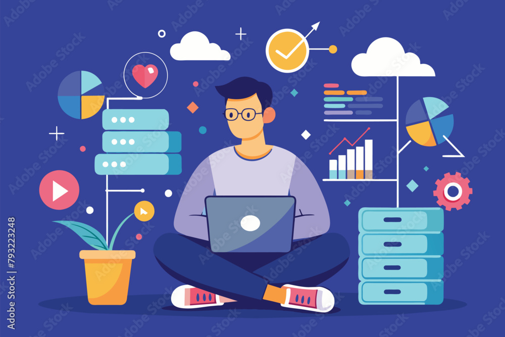 Poster a man sitting on the floor using a laptop to synchronize big data, man with laptop synchronizing big