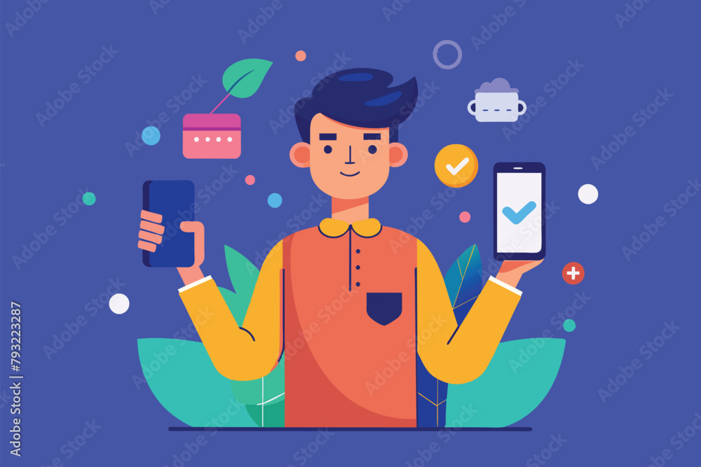 Poster man holding two cell phones, man with synchronization concept device on mobile phone, simple and min