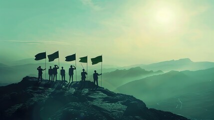 Goal setting towards planning for the future. Silhouettes of group businessmen holding target boards with flags planted on a mountain. Concept of a clear planning process and teamwork.