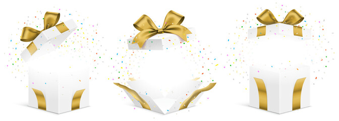 Vector set of white gift boxes with green ribbons and exploded colorful confetti isolated on a white background. Unfolded surprise giftbox, vector illustration.