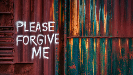 Rough grunge textured industrial wall with spray painted graffiti word 'please forgive me' on its surface, thought provoking emotive concept with copy space for extra text and phrases. - obrazy, fototapety, plakaty