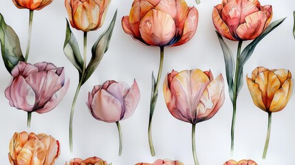   Watercolor tulips in shades of pink on a white background Green stems add depth Pink blooms predominate - obrazy, fototapety, plakaty
