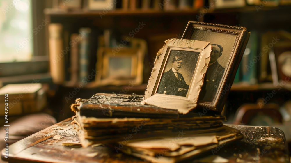 Poster A stack of old books and pictures on a table