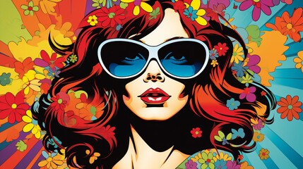Hippie girl in pop art comic style, retro hippie woman with blonde hair and flower vector illustration,  Created using generative AI tools