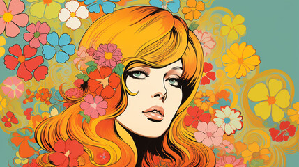 Hippie girl in pop art comic style, retro hippie woman with blonde hair and flower vector illustration,  Created using generative AI tools
