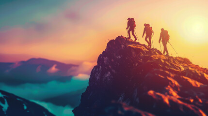 Three people are hiking up a mountain, with the sun setting in the background
