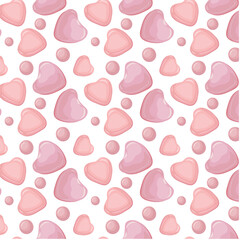 Glossy pink hearts on a white background. Romantic pattern. Sweets in the shape of a caramel heart. Vector background for decoration, banners, birthday, cards.