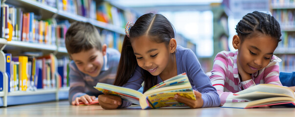 Children's Day. A group of children read books in the library. The concept of education and a happy carefree childhood.