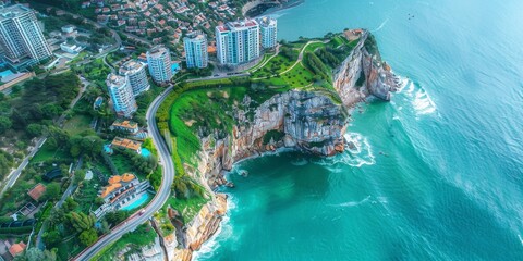  An Aerial View of a Dramatic Coastline, Where Ocean Waves Meet Rocky Cliffs Amidst Lush Greenery, Generative AI