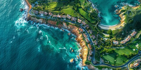  An Aerial View of a Dramatic Coastline, Where Ocean Waves Meet Rocky Cliffs Amidst Lush Greenery, Generative AI