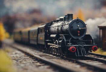 A steam locomotive rides on rails close up