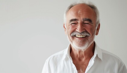 Obraz premium Generate an artistic rendition that encapsulates the spirit of a smiling senior man in a studio setting.