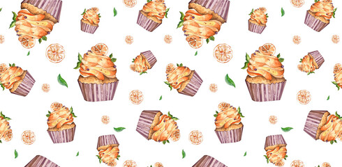 Seamless Pattern. Bright Delicious Cakes with Orange Orange Cream, Orange Slices, Mint Leaves. In Purple Wrapper. For Menus, Recipes, Packaging, Kitchen Textiles, Cutting Boards, Clothes, Card