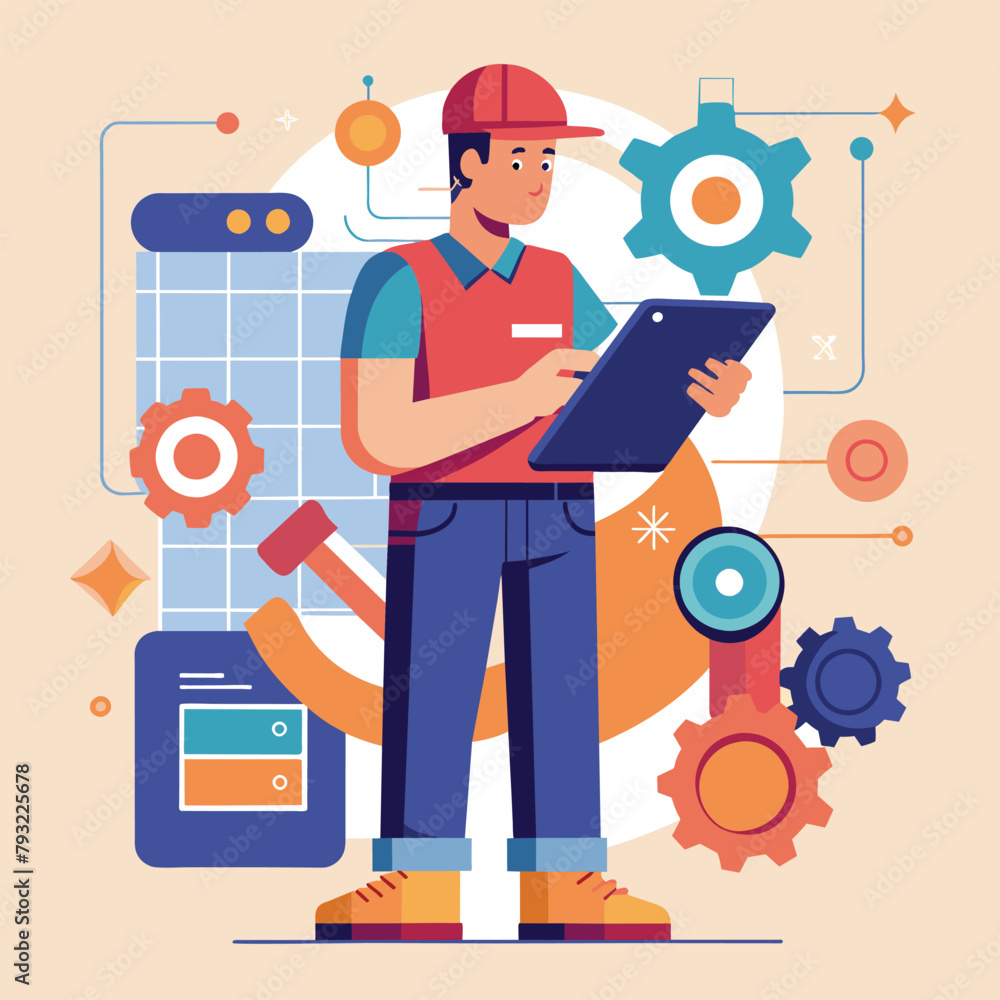 Poster a man standing in front of a tablet, possibly reading or using it for work or communication, mechani