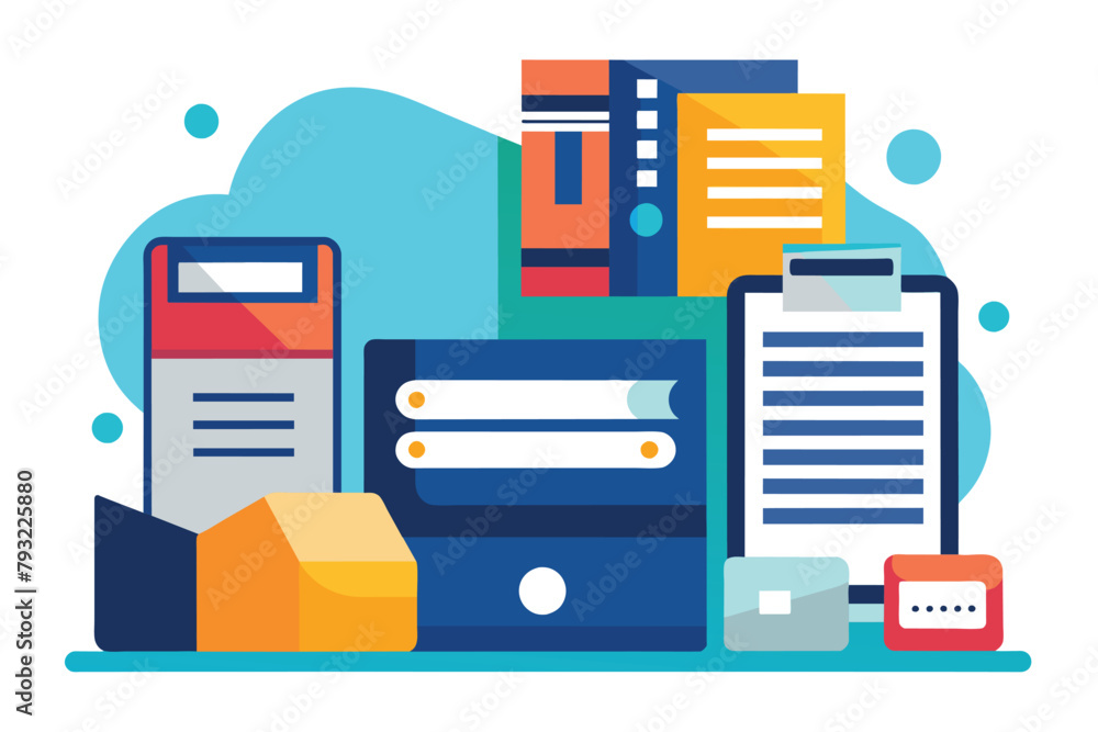 Poster various types of papers and folders neatly arranged for storage and organization, media and document