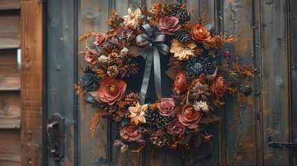   A wreath adorns a wooden door, featuring a bow upfront Decorated with an assortment of flowers, leaves, and pine cones