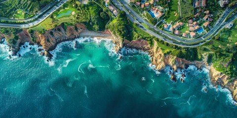  An Aerial View of a Dramatic Coastline, Where Ocean Waves Meet Rocky Cliffs Amidst Lush Greenery,...