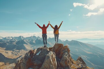 Happy couple celebrating success on mountain top with raised hands, joy and achievement in nature - Powered by Adobe