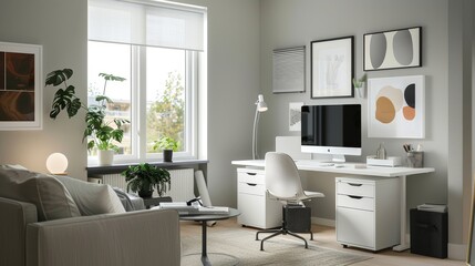 Modern minimalist home office with stylish decor and natural light