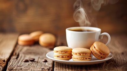 Delightful macarons and a steaming cup of coffee, all neatly arranged on a wooden surface.