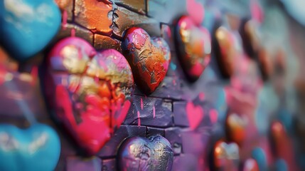 Naklejka premium Colorful hearts on a brick wall. Valentines day background.