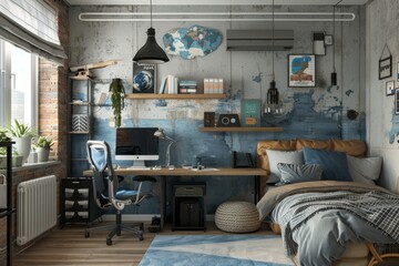 Modern teenagers room interior with workspace, bed, and stylish decor for a cozy personalized space