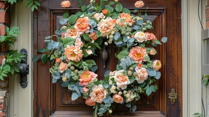 Fototapeta na wymiar A wreath adorns the front door with peach and white flowers arranged on both sides