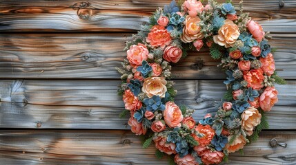   A wreath of fake flowers on a wooden wall Behind it, a wooden plank wall (Repeated behind it, a wooden plank wall was removed to make - obrazy, fototapety, plakaty