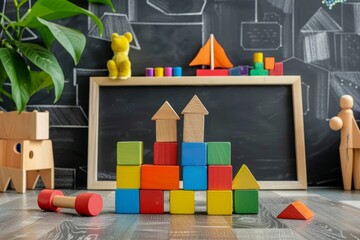 Colorful educational blocks toys for childrens playroom interior - preschool and kindergarten games