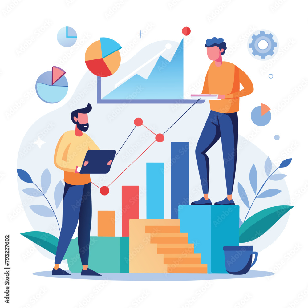 Poster two men standing on a bar chart, inputting trending data in a simple and minimalistic setting, men a