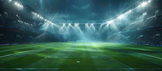 A low-angle shot of a soccer field at night with spotlights.