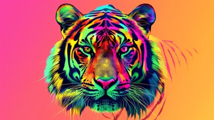 Tiger head on colorful gradient background. Psychedelic animal portrait.