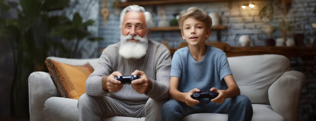 Generations Unite: Grandfather and Grandson Enjoy Gaming Together. Moment of joy, engrossed in a video game, bridging the generational gap with technology