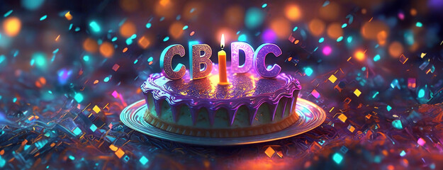Vibrant birthday cake with glowing letters in a festive ambiance. Celebration of launch CBDC stands...